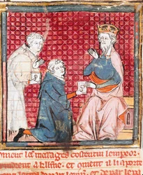 Deux messagers annoncent à Charlemagne (742-814) la victoire sur les Sarrasins. Miniature tirée de "Grandes Chroniques de France" 1375-1379 Bibliothèque municipale, Castres