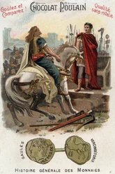 Vercingétorix (72-46 av. J.-C.), chef de la rébellion gauloise, dépose les armes aux pieds de César (100-44 av. J.-C.), après avoir définitivement perdu la ville d