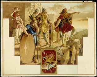Vercingétorix entouré de Gaulois, guerriers, femmes et enfants - Chromolithographie
