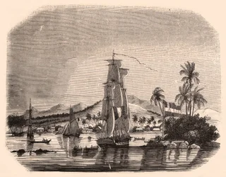 Vue de la baie de Papeete et du bloc Reine, Tahiti, Polynésie française, avec au premier plan des voiliers et des bateaux