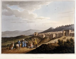 Vue de la ville de Bethléem en Cisjordanie. Fortifications. 19ème siècle