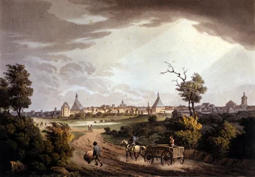 Vue de la ville de Leipzig en Allemagne. Lithographie vers 1820