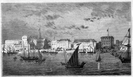 Vue de la ville de Zanzibar en Afrique. À gauche, le consulat français. À droite, le palais du sultan et l
