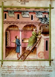 Vinaigre : une jeune femme remplit une cruche. Enluminure du « Tacuinum sanitatis »