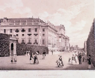 Promeneurs dans le parc du palais de Schönbrunn (Schoenbrunn) à Vienne. Autriche. Estampes du début du 19ème siècle Collection privée