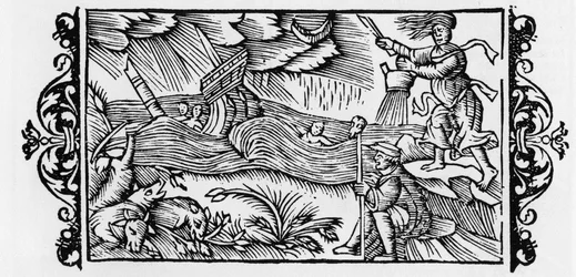 Sorcier désenchantant une tempête - dans "Historia de Gentibus Septentrionalibus" (Histoire des peuples du Nord) par Olaus Magnus, Rome 1555