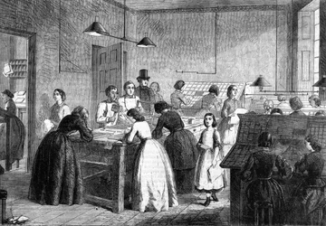 Atelier de femmes typographes à Paris en 1865