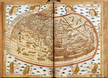 Carte du monde de Claude Ptolémée. Les têtes humaines soufflant de l