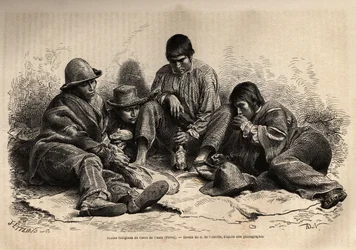 Jeunes Indiens de Cerro de Pasco (centre du Pérou), se rassemblent pour le petit déjeuner. Gravure pour illustrer Les îles Chincha, rect par L. Simonin, en 1860, publié dans "Le tour du monde, nouveau journal des voyages", édité par Edouard Charton