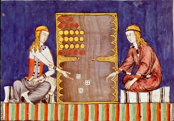 Jeunes femmes jouant au tric trac (tri-trac), ancêtre du backgammon - Miniature du manuscrit Libro de los juegos par Alphonse X le Sage (en espagnol, Alfonso X el Sabio)