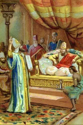 Zarathoustra (Zarathoustra, Zarathushtra, Zarathoustra ou Zoroastre), prophète iranien et réformateur religieux (6ème siècle av. J.-C.) à la cour du roi de Bactres. Chromolithographie du 19ème siècle