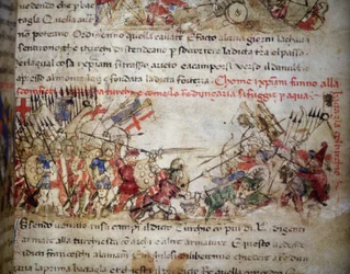 Défaite des croisés en 1396 - dans les «Croniche del Sercambi», vers 1400. Archives nationales, Lucques.