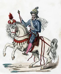 Portrait équestre du roi de France Henri IV en 1596 (1553-1610) - dans "Les Costumes civils et militaires des Français à travers les siècles Paris F. Roy 1882"