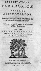 Frontispice de "Exercitationum paradoxicarum adversus Aristoteleos" par Pierre Gassendi (1592-1655), philosophe, astronome, mathématicien et physicien français.