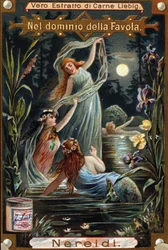 Représentation de néréides, nymphes marines. Chromolithographie du XIXe siècle