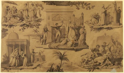 Dessin, caricature pour un textile de coton imprimé : Les Français en Egypte, vers 1815