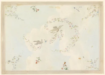 Dessin, décor de plafond avec colombes et guirlandes de fleurs, peut-être pour le hall d