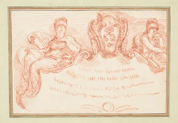 Dessin, détail du plafond avec deux personnages assis et un écusson, vers 1759-70