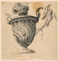 Dessin, peinture au plafond et vase à fleurs, vers 1725-50