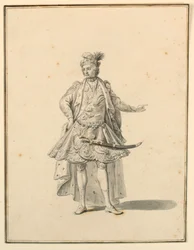 Dessin, conception des costumes : Prince persan, pour une production scénique conçue par Giuseppe Galli Bibiena, 1719