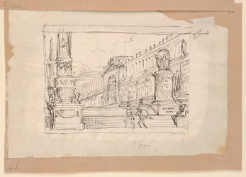 Dessin, motif de rideau, soldats sur une volée de marches, début du XIXe siècle