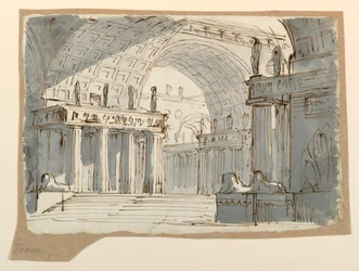 Dessin, plan de scène, bâtiment classique voûté, vers 1800
