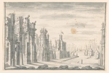 Dessin, Scénographie, Vue de la ville et du port, début du 18e siècle