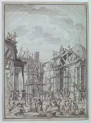 Dessin, Ouvriers construisant des arcades, vers 1740