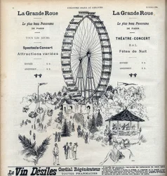 Publicité pour la Grande Roue à Paris offrant le plus beau panorama de la ville pour 1 franc. Gravure dans « Le soleil-du-dimanche »