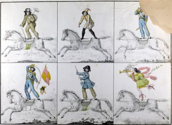 Acrobaties : exercices acrobatiques à cheval. Gravure
