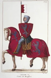 Amaury VI, comte de Montfort (v.1192-v. 1241), a perdu une partie des conquêtes de son père Simon IV Le Fort et cède ses droits sur le Sud au roi de France, Louis VIII. Gravure de 1830.
