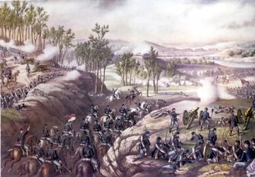 Guerre civile américaine (1861 - 1865) : Bataille de Resaca (Géorgie) 13-15 mai 1864. Gravure du 19ème siècle.