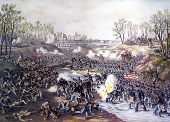 Guerre civile américaine (1861 - 1865) : Bataille de Shiloh ou Pittsburg Landing (Tennessee) 06-07 avril 1862. Gravure du 19ème siècle.
