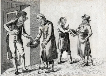 Amone. Mendiants tendant des chapeaux pour recevoir des pièces. Gravure fin XVIIIe siècle. Collection privée.