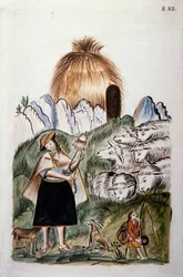 Une bergère indienne près de sa hutte avec son troupeau, du livre "Trujillo del Peru" ou "Codex Martínez Compañón", par Baltazar Martinez Compañón y Bujanda, évêque de Trujillo (1782-1785)