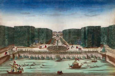 Aquae Lapsus in Hortis Versalicis - Vue optique représentant les cascades de Versailles au 18ème siècle - Illustration vers 1760