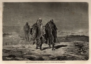 Bédouins arabes, marchands de peaux de panthère et de laine de mouton, en route vers le marché de Bagdad (Irak). Gravure pour illustrer le voyage en Babylonie, en 1866, par Guillaume Lejean, dans « Le tour du monde, nouveau journal des voyages » publié sou