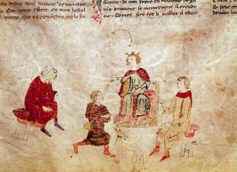 Légende arthurienne : le roi Arthur sur son trône entouré de ses conseillers