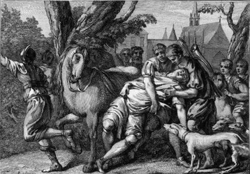 Assassinat de Chilpéric Ier (539-584), roi de Neustrie, commandité par son épouse, la reine Frédégonde (vers 545-597), 584. Gravure du XVIIIe siècle.
