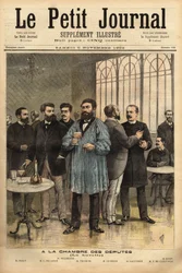 À la barre de la Chambre des députés, avec de gauche à droite : Émile Basly (1835-1928), député de Paris, du mouvement syndical des mineurs, Camille Pelletan (1846-1915) journaliste écrivain et député des Bouches-du-Rhône, Alexandre Millerand (1859-1