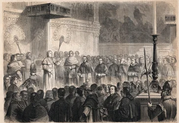 Audience donnée par le pape Pie IX (1792-1878) à des ecclésiastiques étrangers dans la chapelle Sixtine à Rome à l