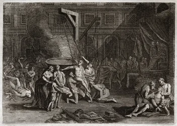 Bible de Royaumont, Ancien Testament : Martyre des Maccabées. Les sept frères Maccabées sont martyrisés plutôt que de trahir leur foi. Illustration de 1811.