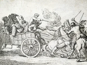 Brigands attaquant des passagers sur une charrette. Gravure par un anonyme du 18e siècle.
