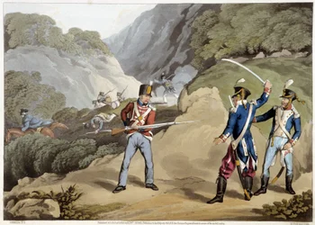 Soldat britannique capturant deux officiers français à la bataille des Pyrénées - dans « Anecdotes historiques, militaires et navales... » par Edward Orne