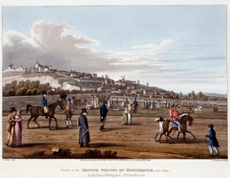 Troupes britanniques à Montmartre - dans « Anecdotes historiques, militaires et navales et incidents survenus aux armées de Bretagne et leurs alliés se terminant à Waterloo », par Ed. Orme, ill. par Fry, Sutherland Clark, Dubourg, Heath, Atkinson, éd. 1819