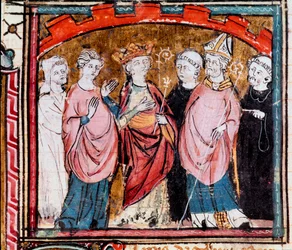 Dynastie carolingienne : « Une audience à la cour du roi de France Lothaire (941-986) » Miniature tirée des « Grandes Chroniques de France » 15e siècle Castres, Musée Goya