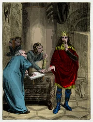 Charlemagne dictant ses capitulaires à son ministre Alcuin (732-804), Gravure du 19ème siècle