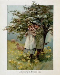 Enfants bergers jouant de la musique dans un paysage fleuri, «Leçon de musique»