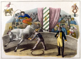 Scène de cirque, écuyer faisant des acrobaties