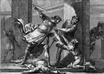 Clotaire (Clothaire) Ier (vers 497-561) et Childebert Ier, les rois francs, assassinèrent deux fils de leur frère Clodomir (495-524). Gravure du XVIIIe siècle.